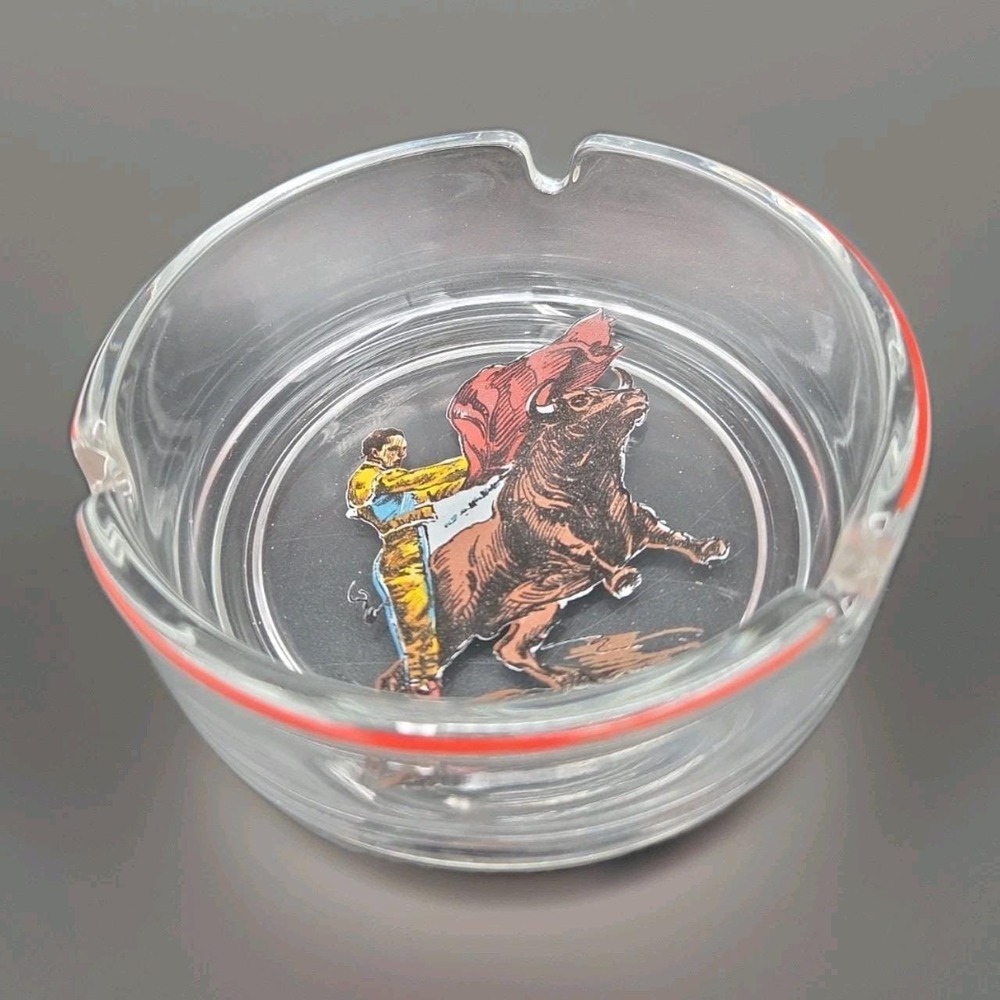 Vintage MCM Glass Bullfighting Ashtray Matador & Bull Clear Red Rim Made in...